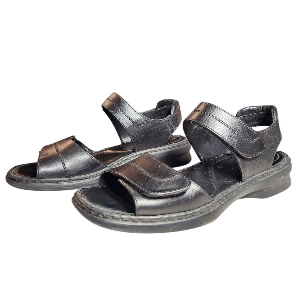 Josef Seibel Leah Sandals Black Leather Open‎ Toe Flats Ankle Strap Comfort 38